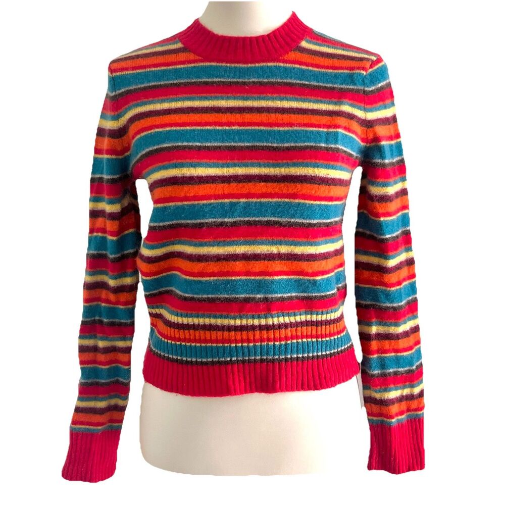 Vintage American Eagle 100% Lambswool Red Colorful Striped Crew Neck Sweater M